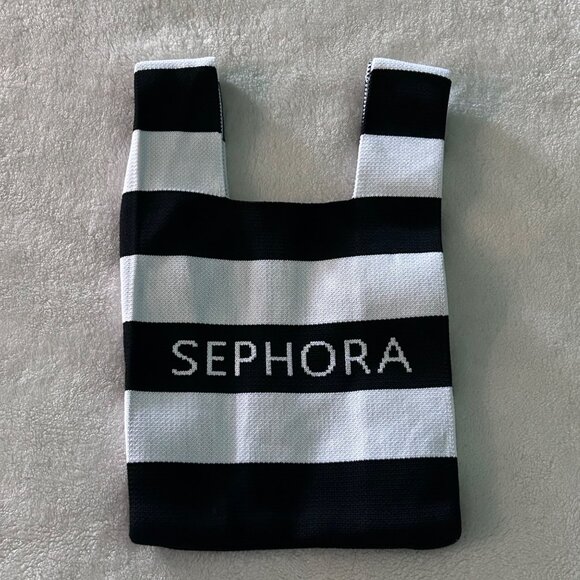 Sephora Black White Stripe Knitted Tote Shipping Bag Limited Edition 8"X13.5" - Picture 1 of 3